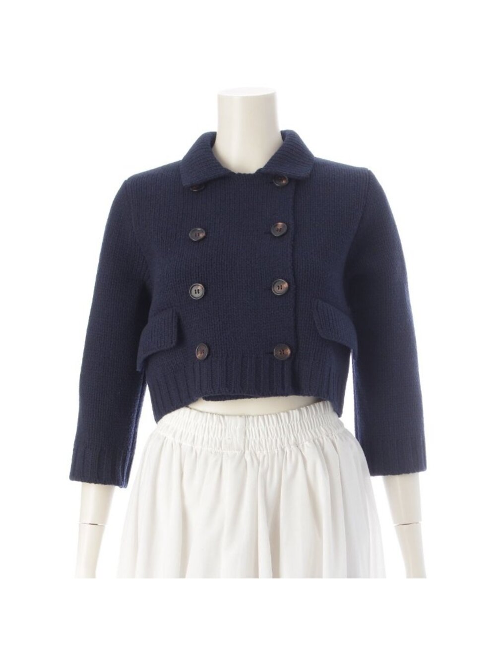 Miu Miu Virgin Wool Double Breasted Cropped Knit Jacket Cardigan Navy 38